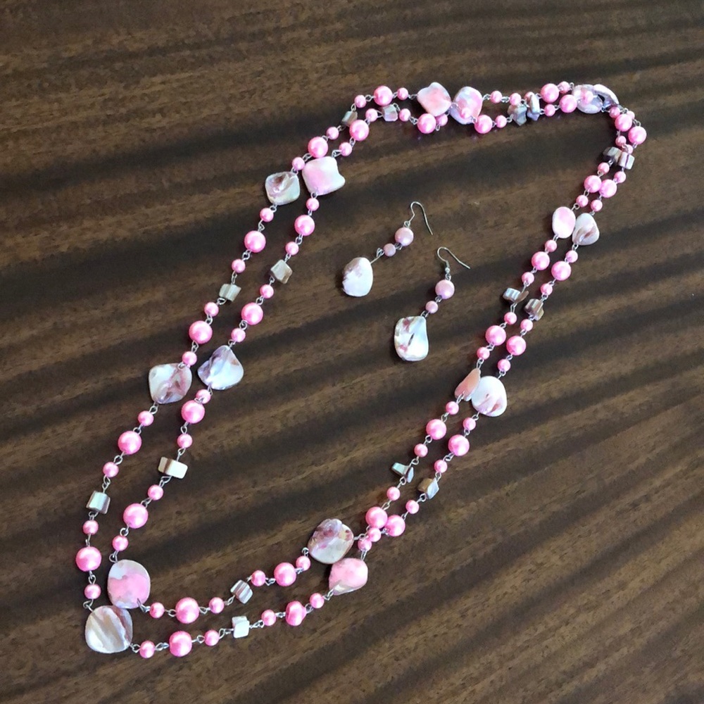 Pink  shell and faux pearl 36” necklace and matching hanging earrings
